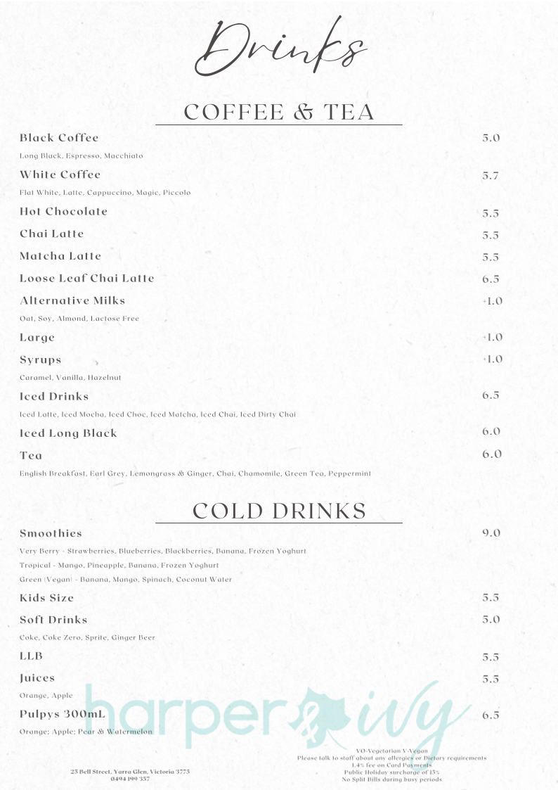 Menu, Harper and Ivy Cafe