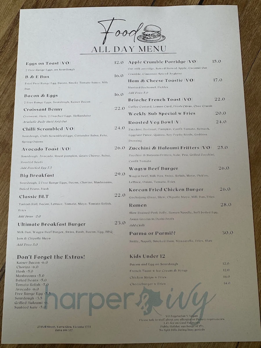 Menu, Harper and Ivy Cafe