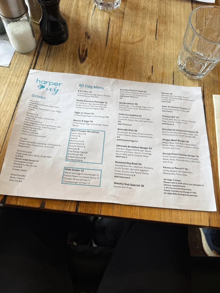 Menu, Harper and Ivy Cafe