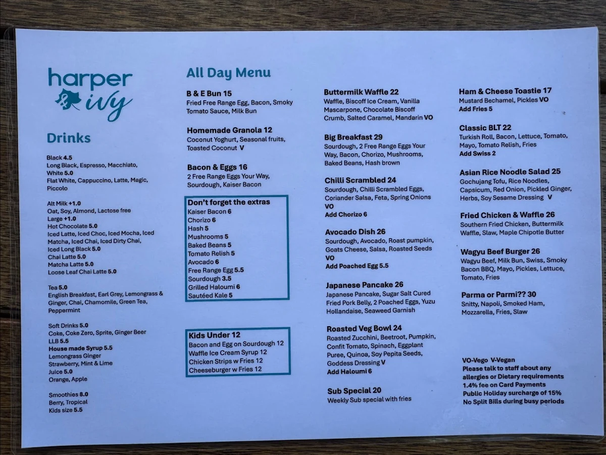 Menu, Harper and Ivy Cafe
