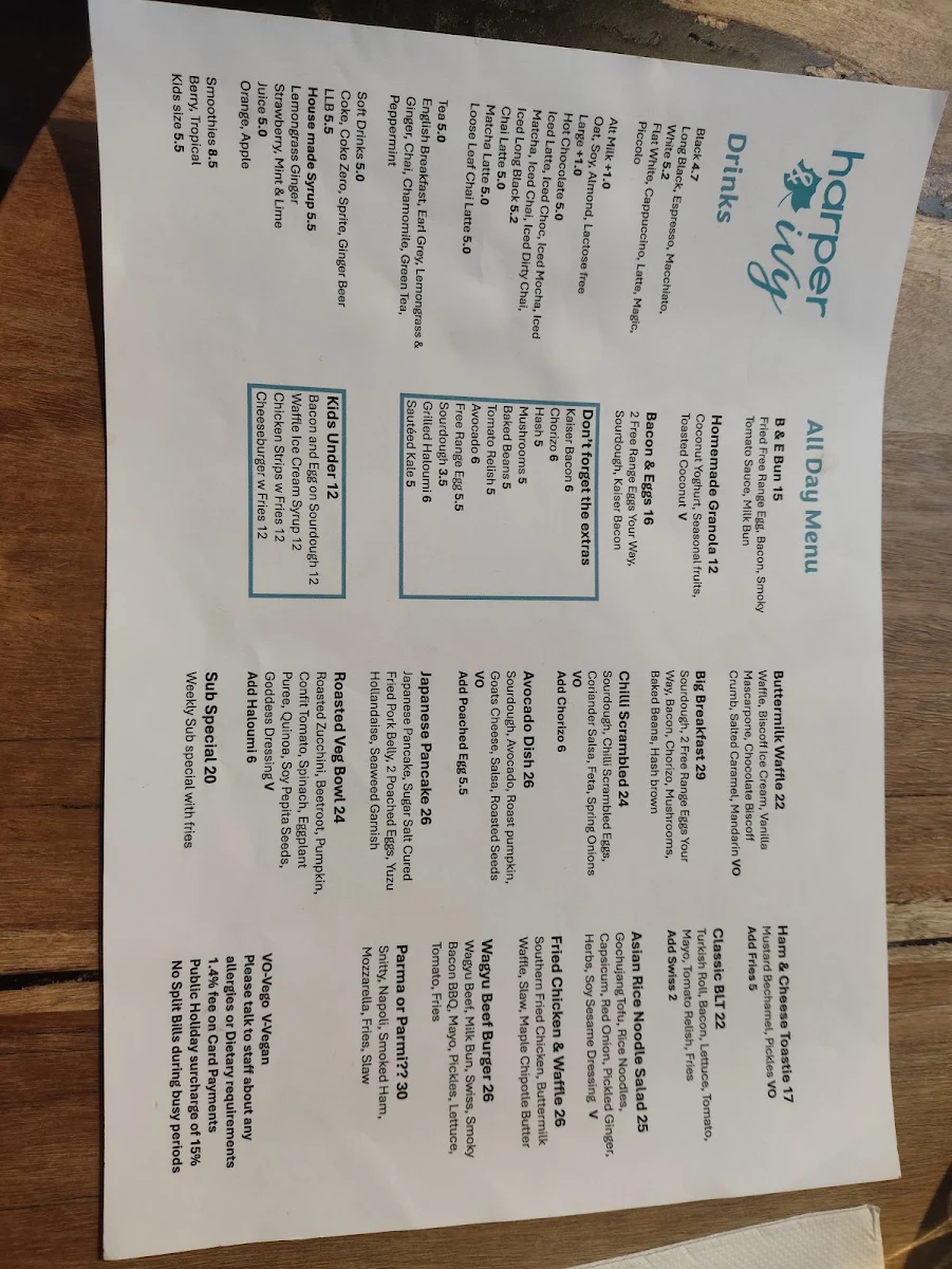 Menu, Harper and Ivy Cafe