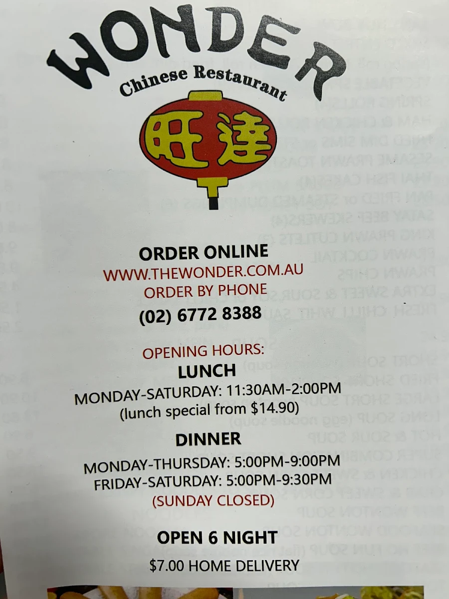 Menu, Wonder Chinese Restaurant