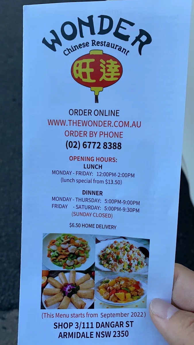 Menu, Wonder Chinese Restaurant