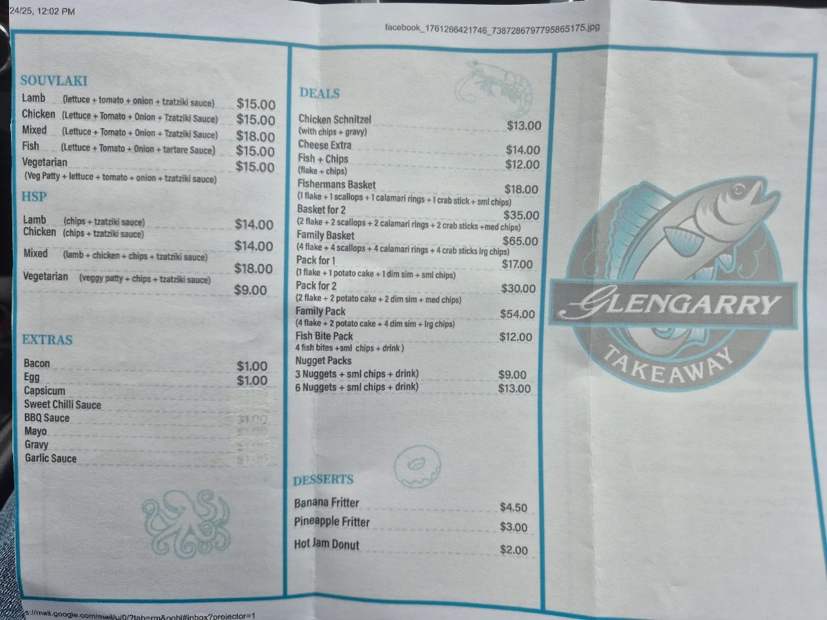 Menu, Glengarry Takeaway