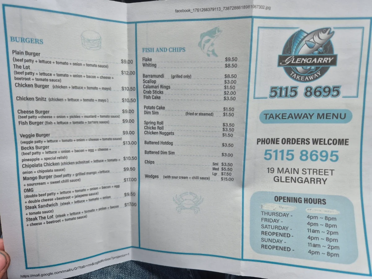 Menu, Glengarry Takeaway