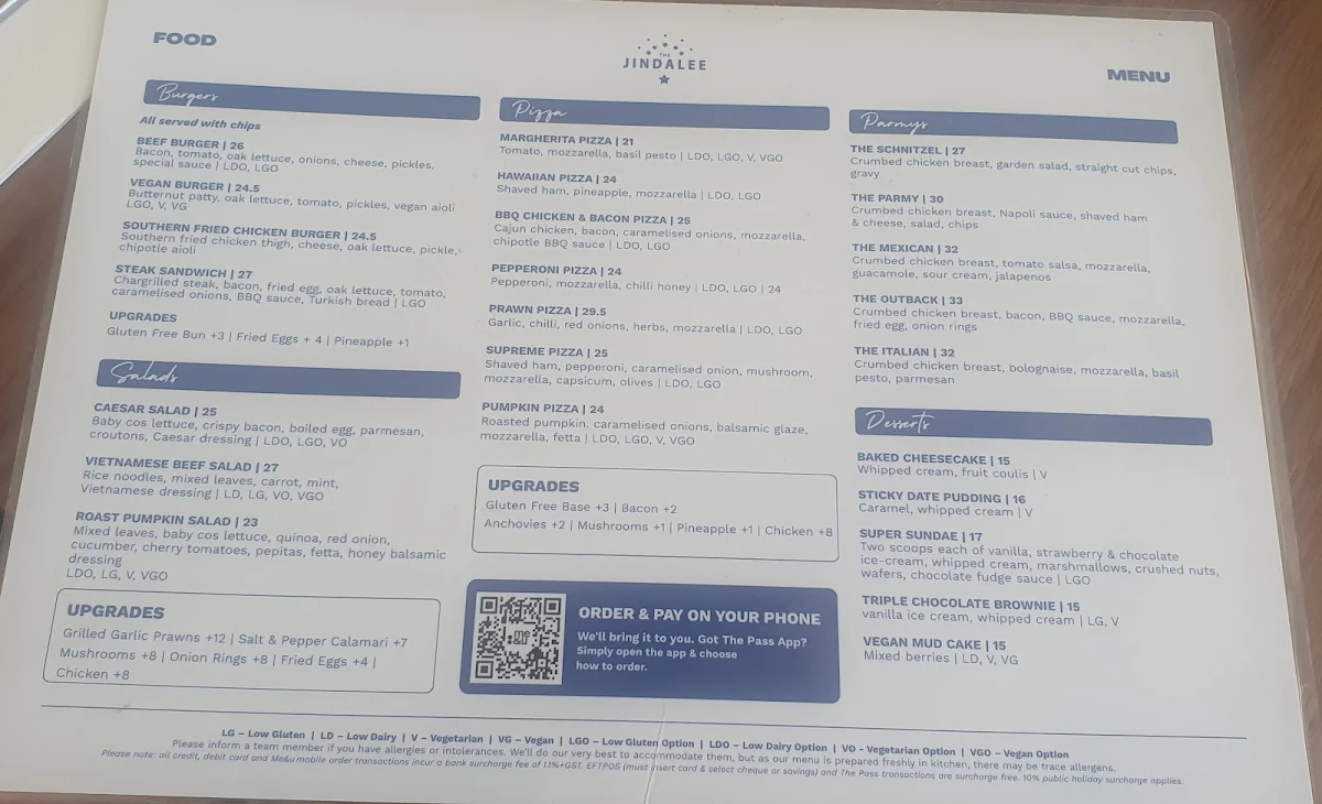 Menu, The Jindalee Hotel