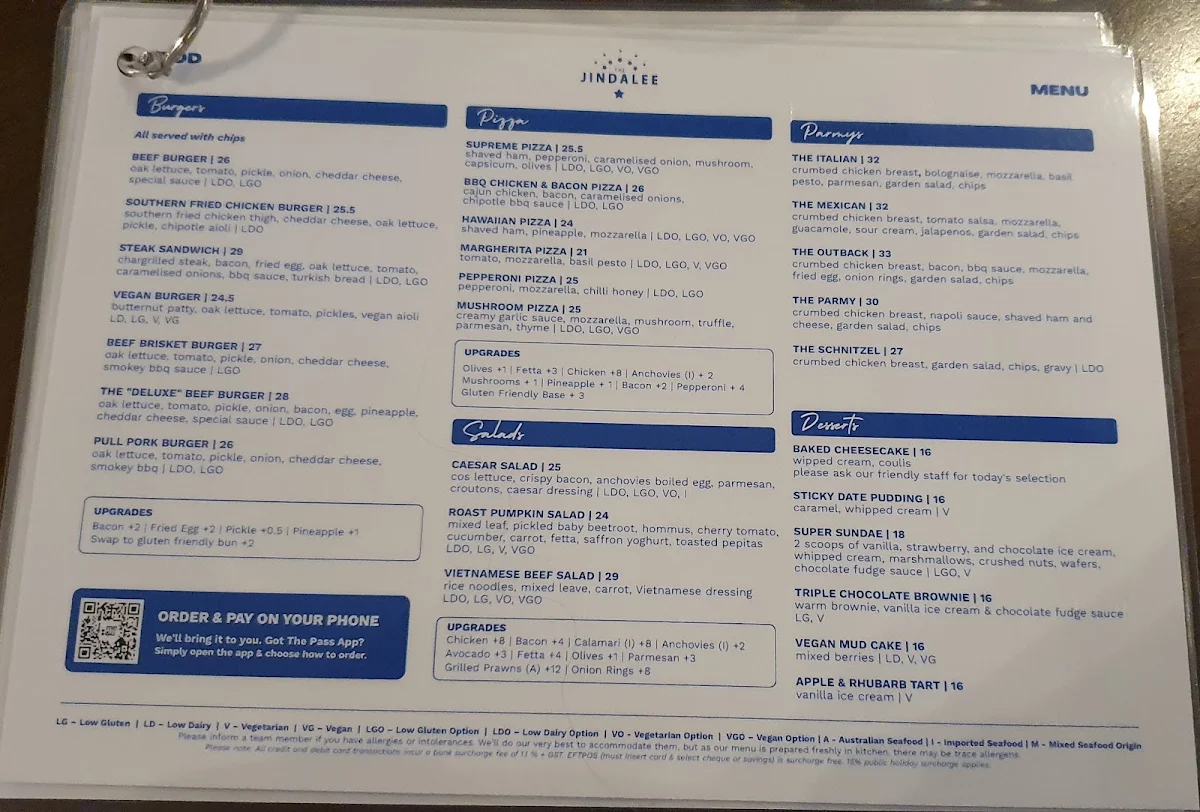 Menu, The Jindalee Hotel