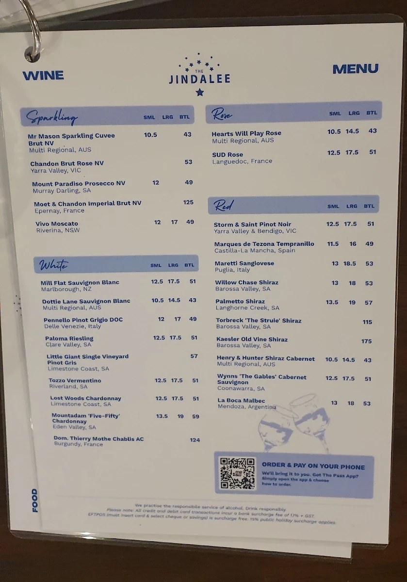 Menu, The Jindalee Hotel