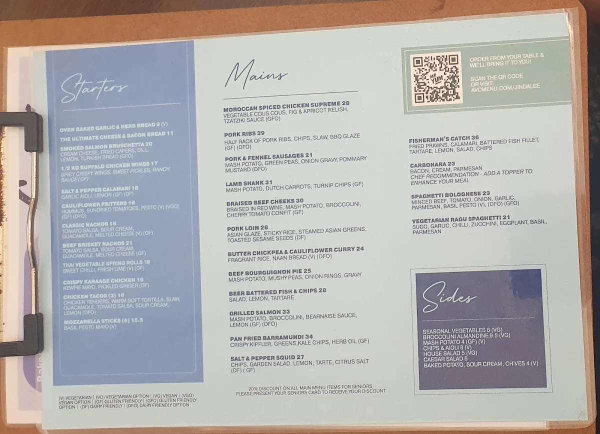 Menu, The Jindalee Hotel