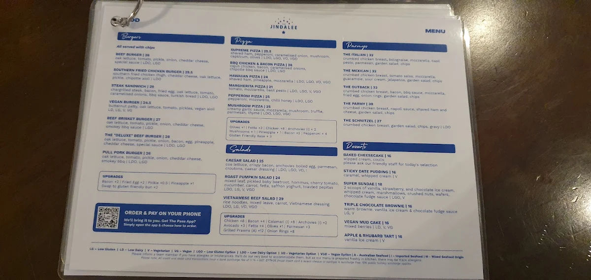 Menu, The Jindalee Hotel