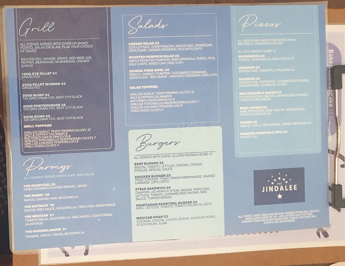Menu, The Jindalee Hotel
