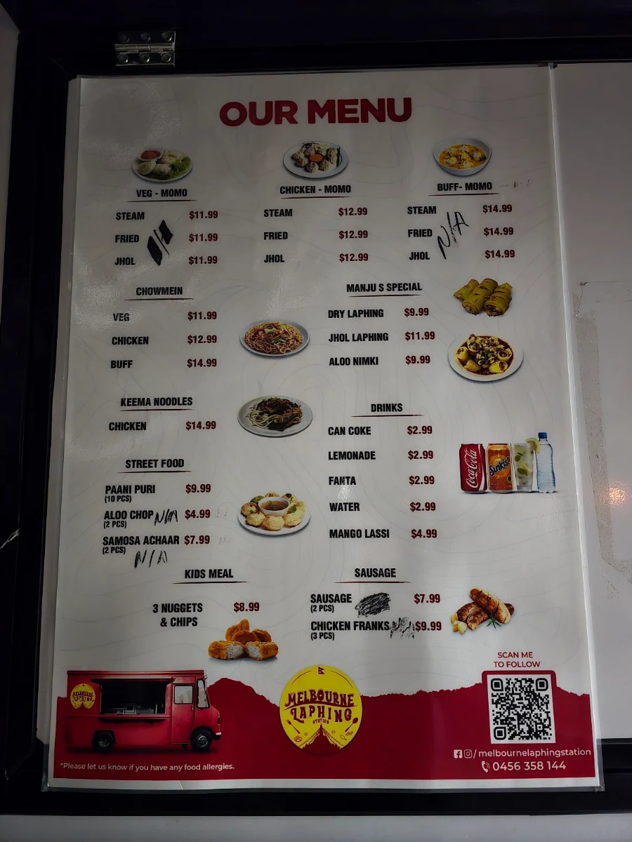 Menu, Melbourne Laphing Station Glenroy