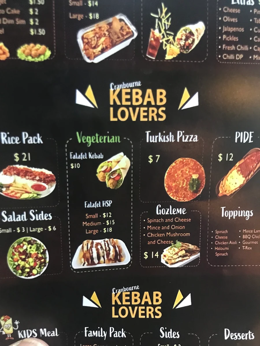 Menu, CRANBOUNE KEBAB LOVERS