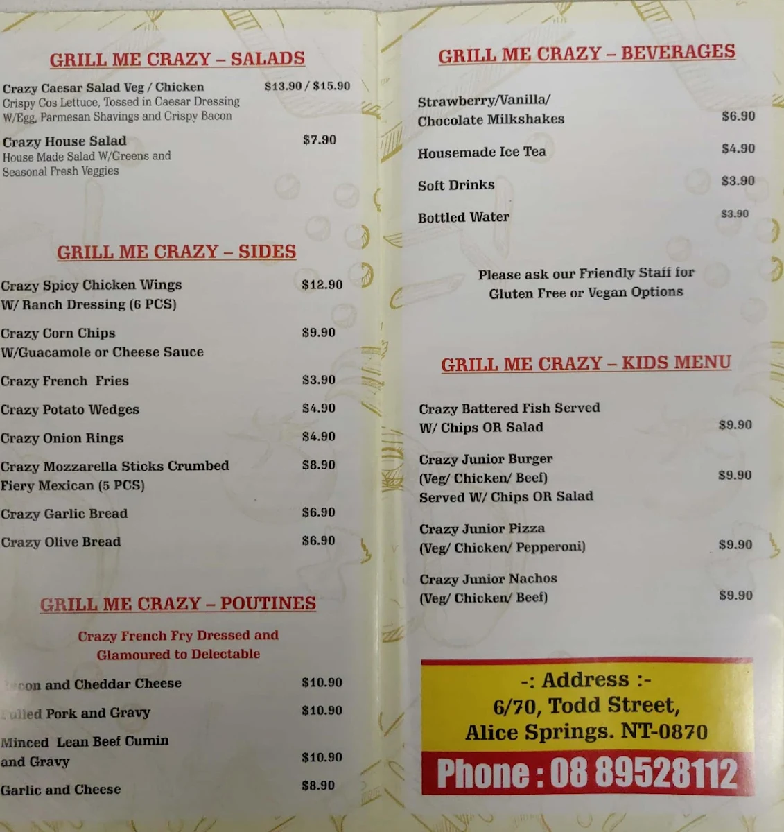 Menu, Grill Me Crazy - Indian & Mexican Restaurant & Bar
