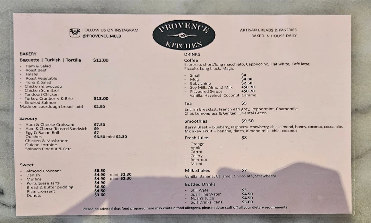 Menu, Provence Kitchen/Bakery Cafe