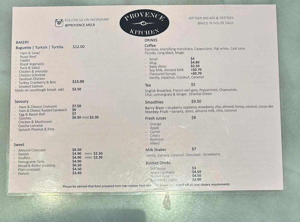 Menu, Provence Kitchen/Bakery Cafe