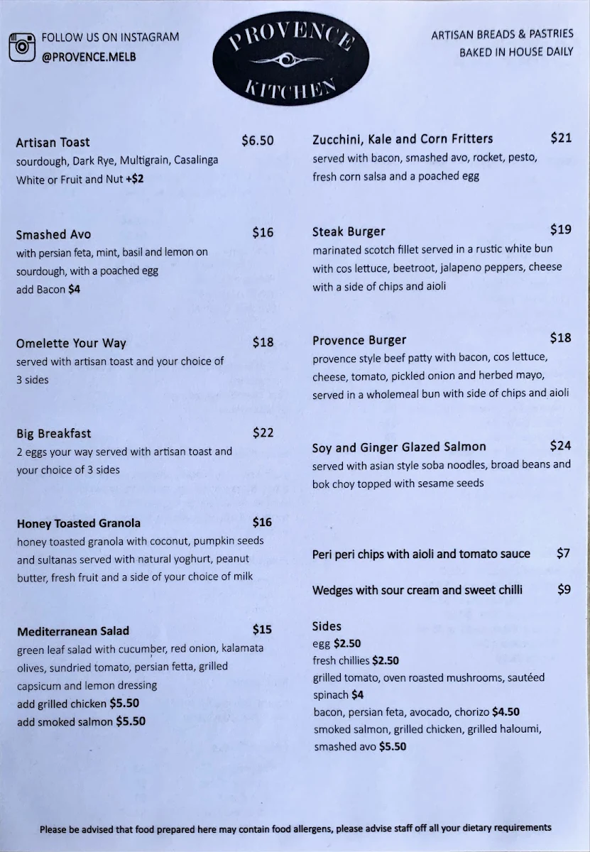 Menu, Provence Kitchen/Bakery Cafe