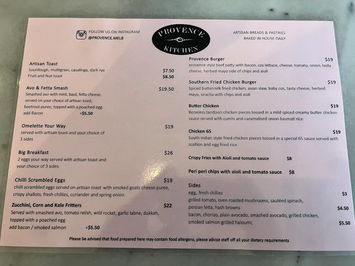 Menu, Provence Kitchen/Bakery Cafe