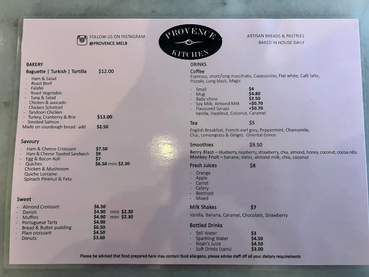 Menu, Provence Kitchen/Bakery Cafe