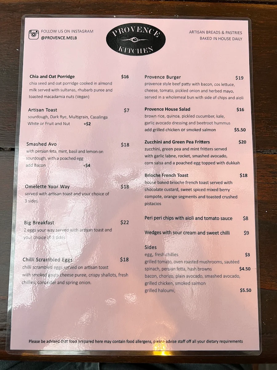 Menu, Provence Kitchen/Bakery Cafe