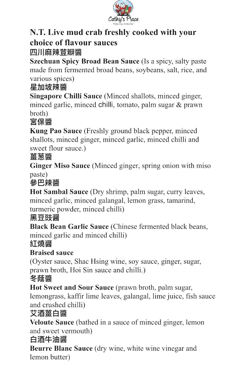 Menu, Cathy’s Place