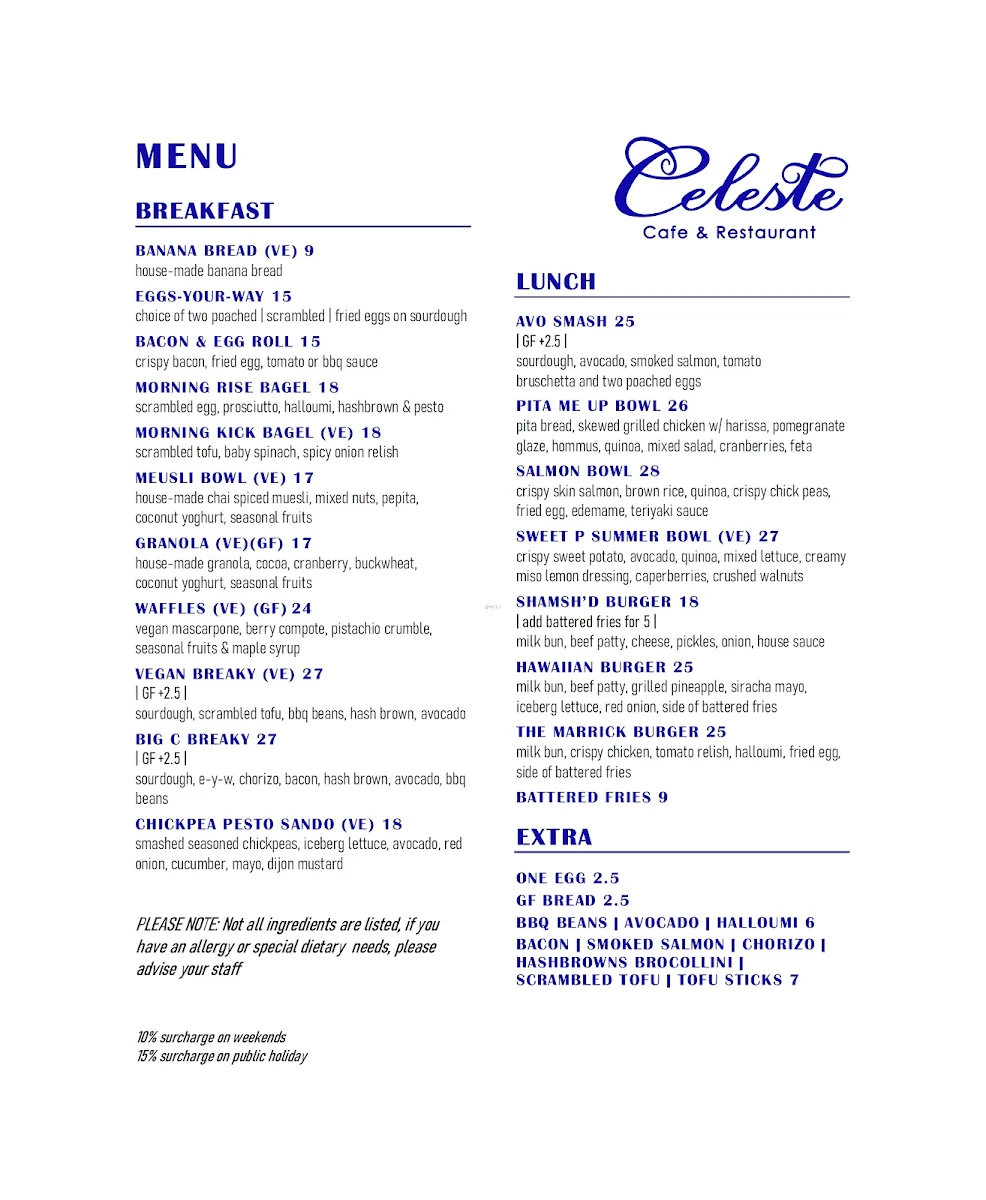 Menu, Celeste Cafe & Restaurant