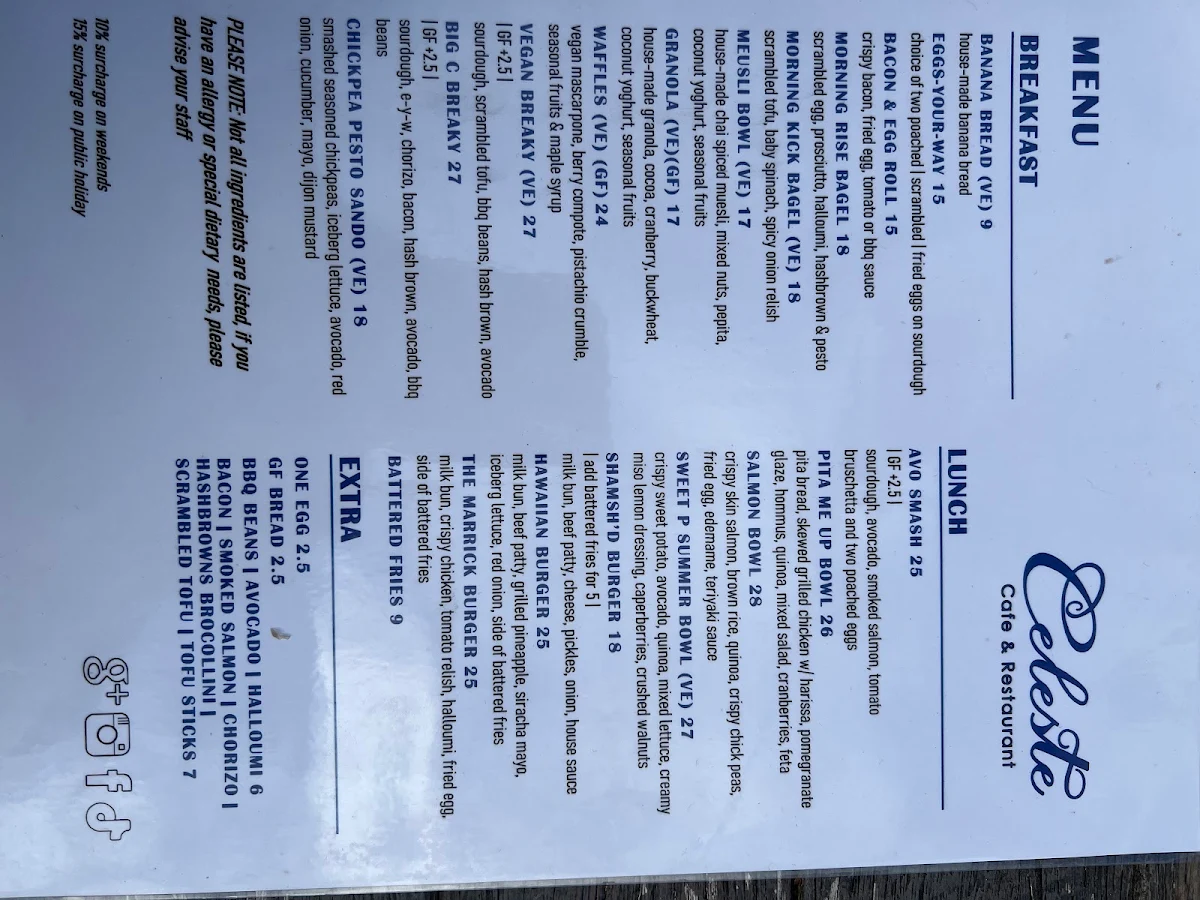Menu, Celeste Cafe & Restaurant