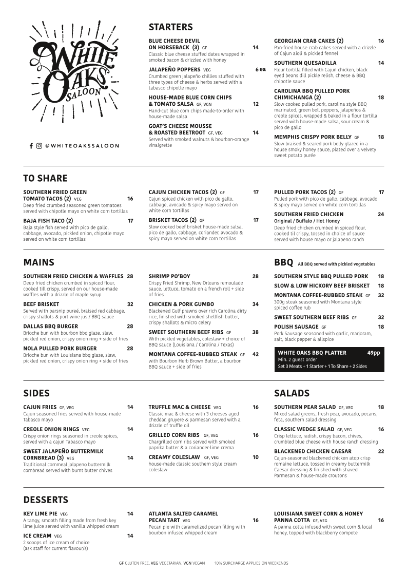 Menu, White Oaks Saloon Bar & Dining - Prahran
