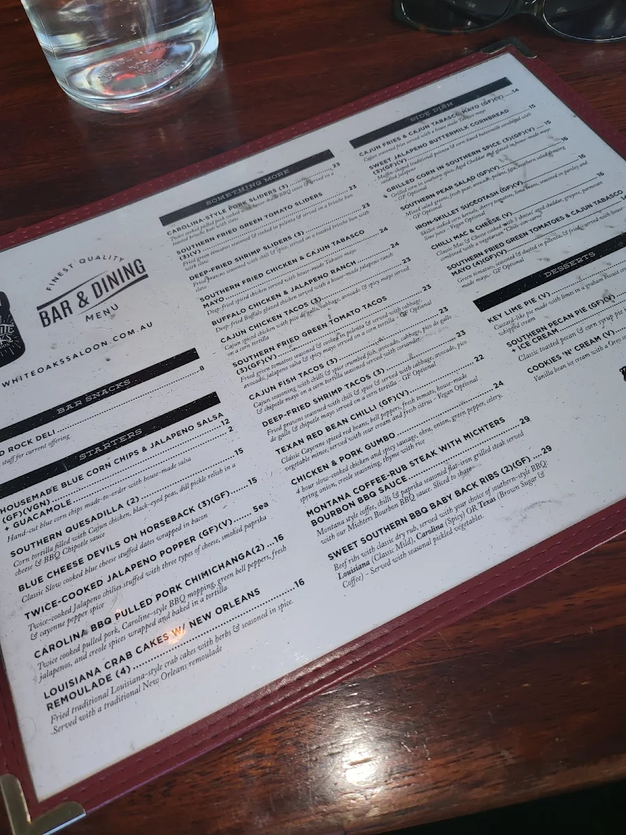 Menu, White Oaks Saloon Bar & Dining - Prahran