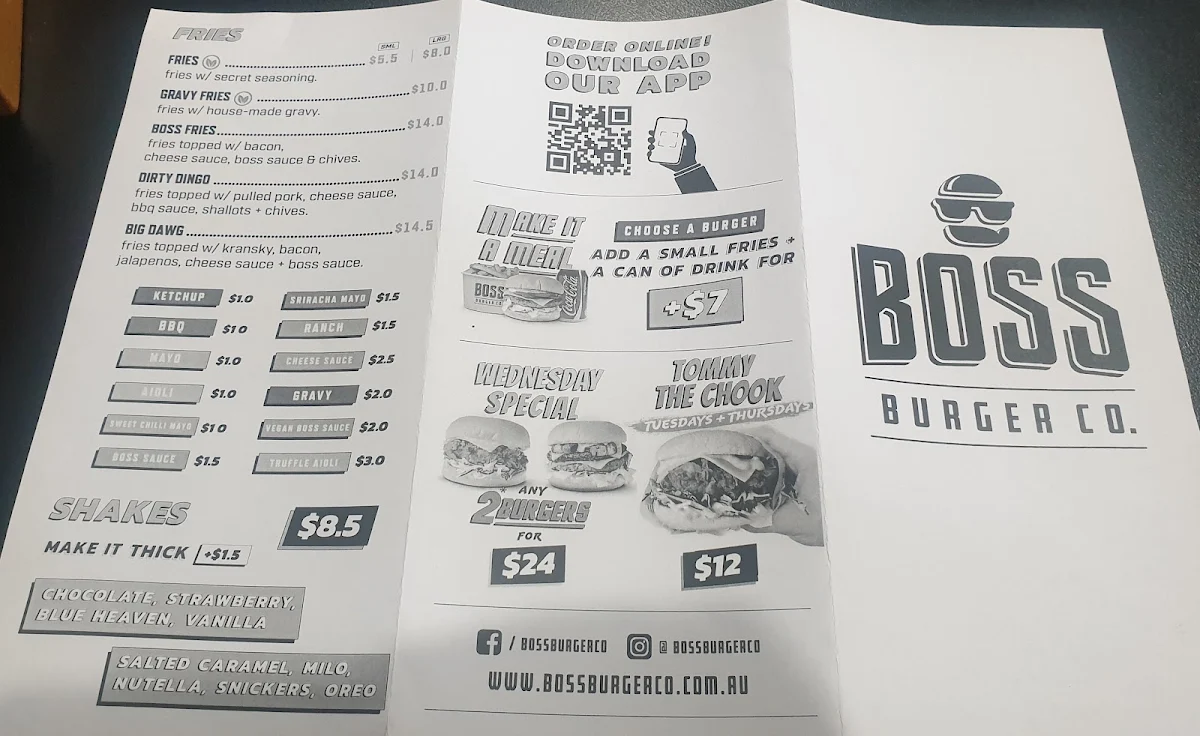 Menu, Boss Burger Co. Lara