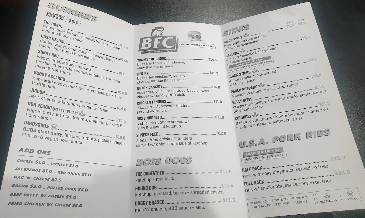 Menu, Boss Burger Co. Lara