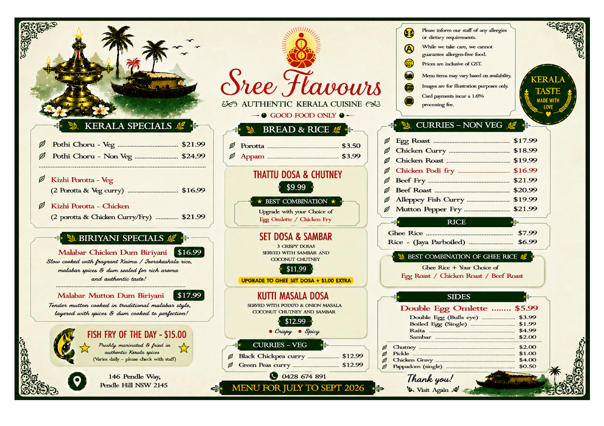 Menu, Sree Flavours Pendle Hill | Indian Restaurant