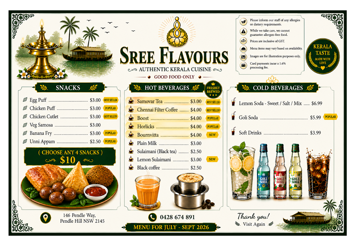 Menu, Sree Flavours Pendle Hill | Indian Restaurant