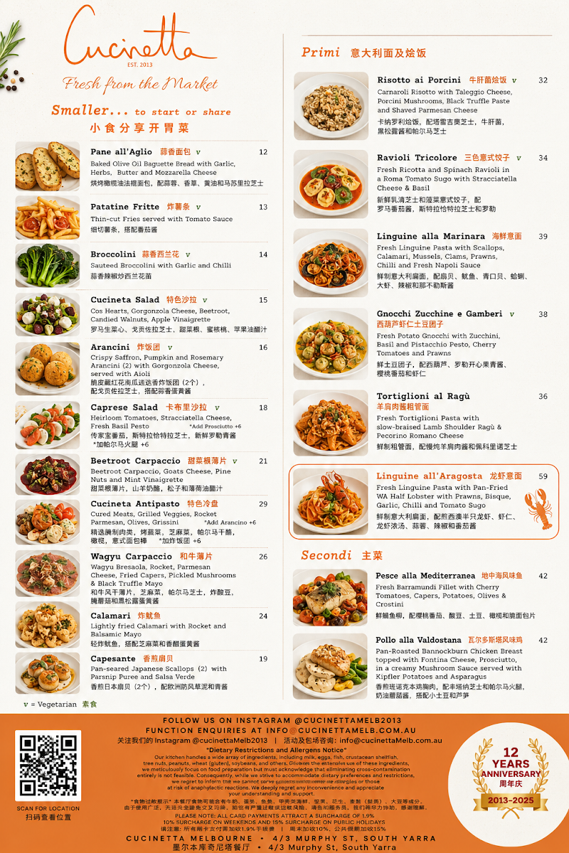 Menu, Cucinetta Melb South Yarra - Italian Restaurant Est. 2013