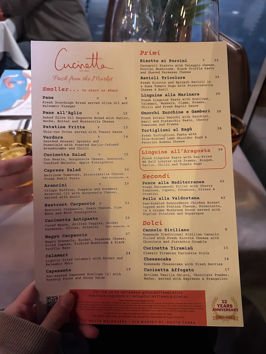 Menu, Cucinetta Melb South Yarra - Italian Restaurant Est. 2013