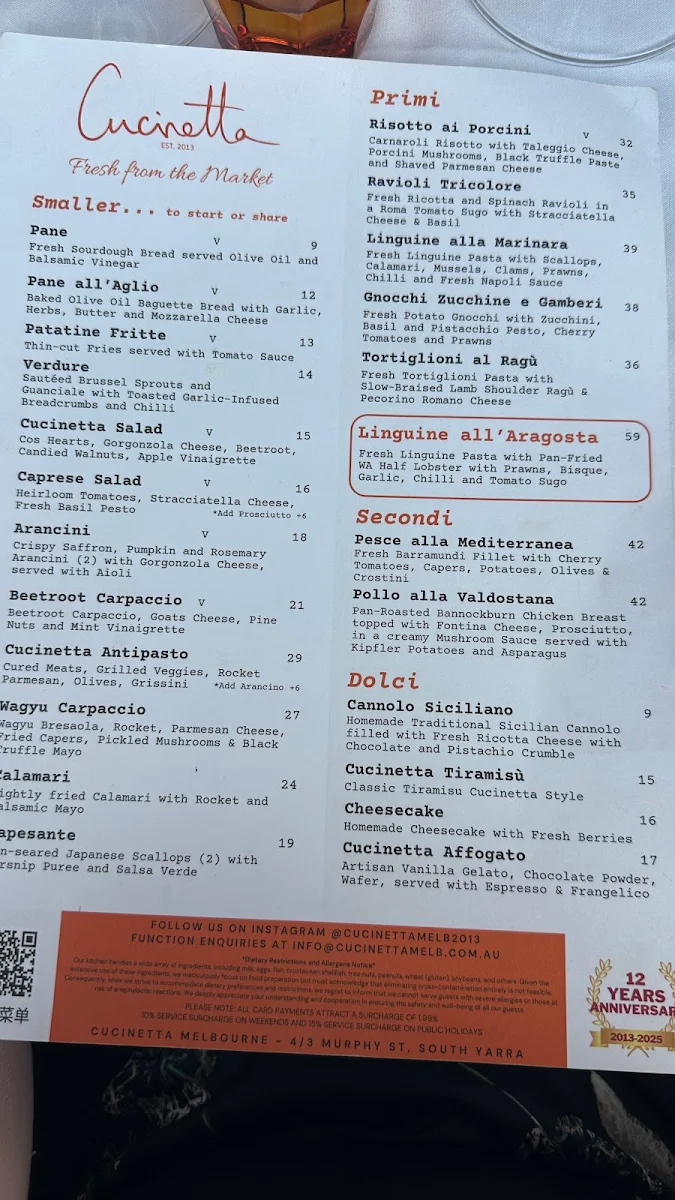 Menu, Cucinetta Melb South Yarra - Italian Restaurant Est. 2013