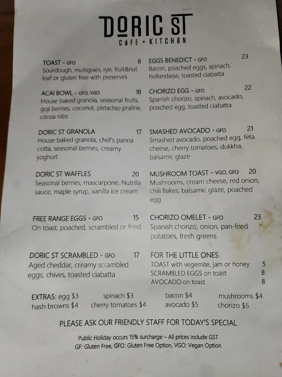 Menu, Doric St Cafe and Kitchen