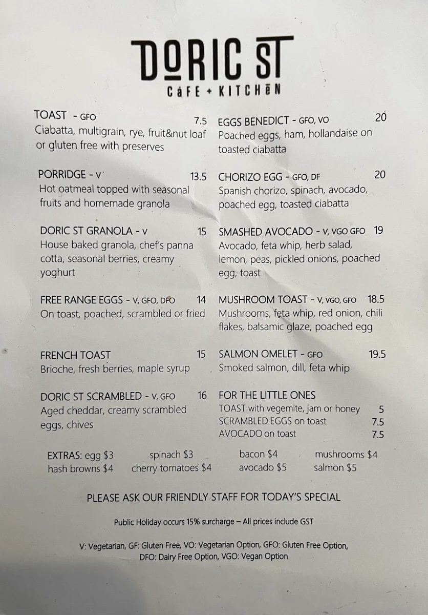 Menu, Doric St Cafe and Kitchen