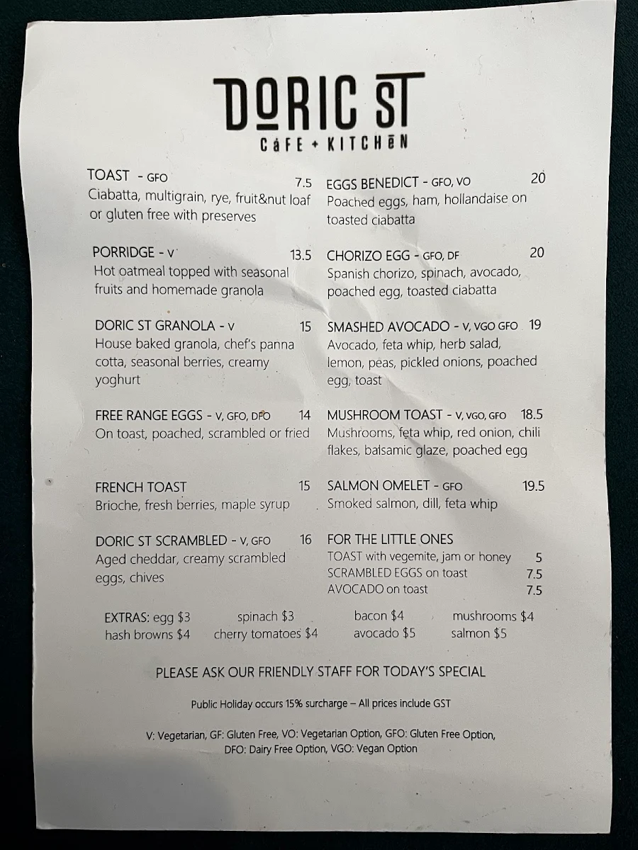 Menu, Doric St Cafe and Kitchen