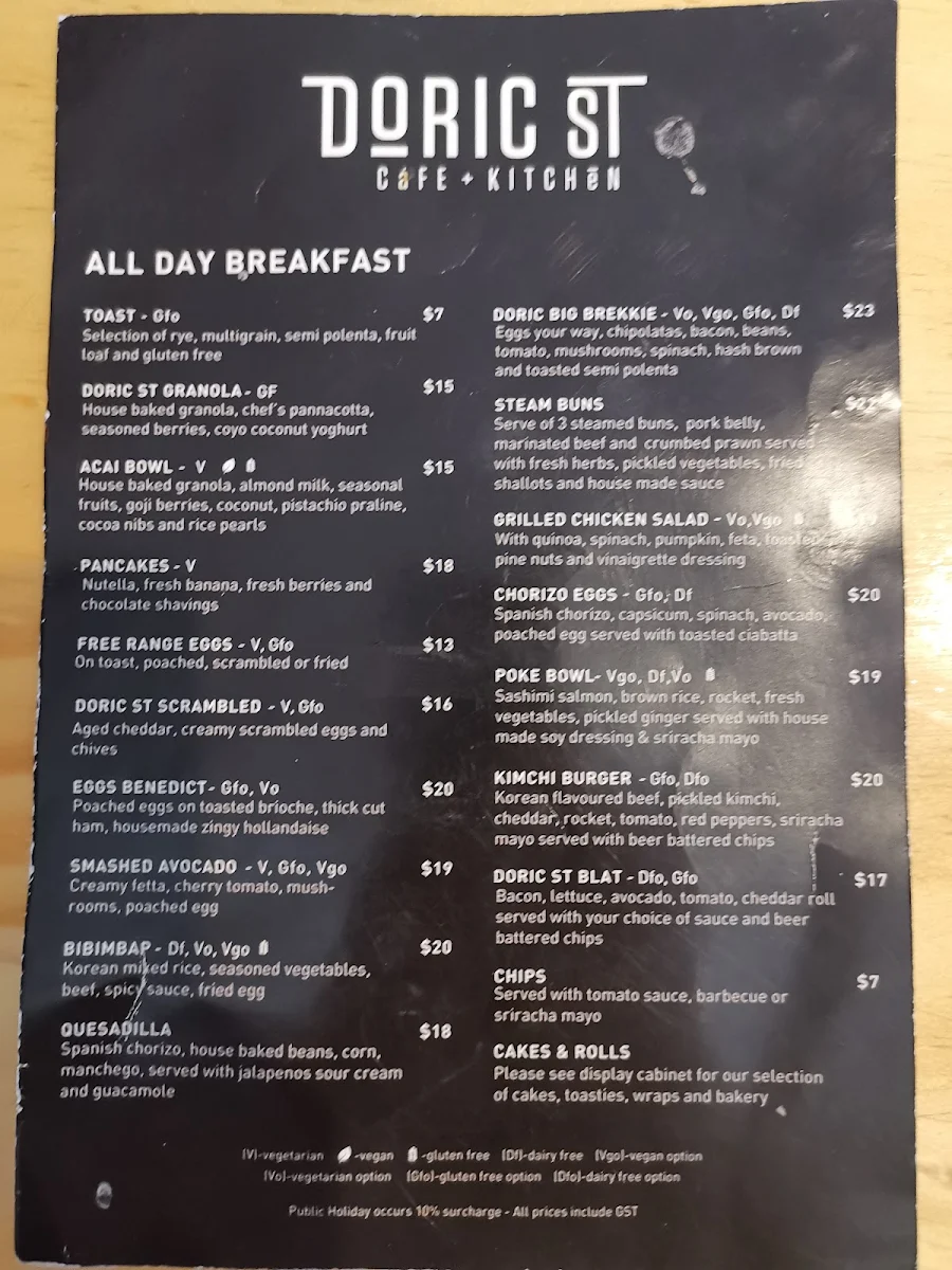 Menu, Doric St Cafe and Kitchen