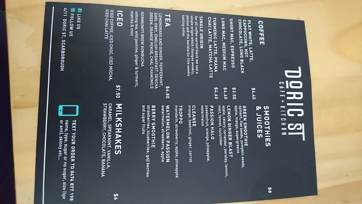 Menu, Doric St Cafe and Kitchen