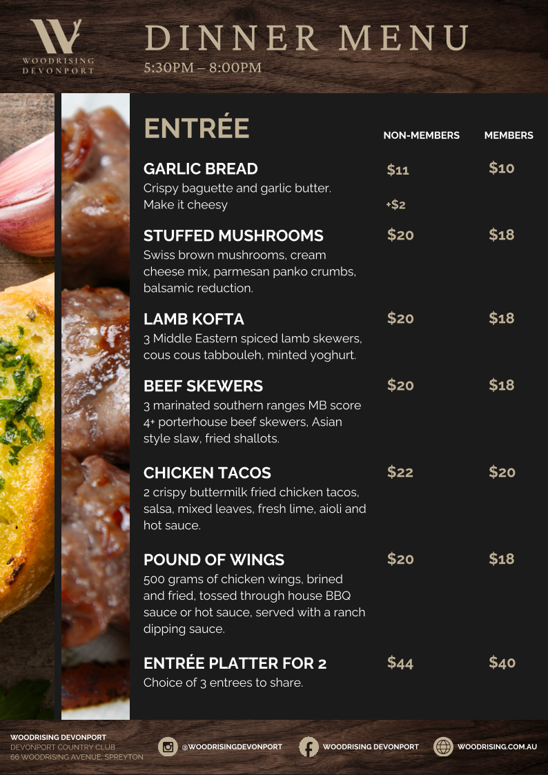 Menu, Woodrising Devonport