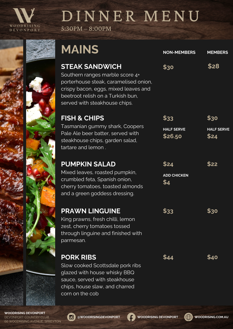 Menu, Woodrising Devonport