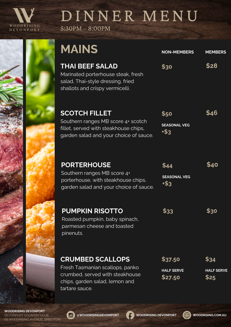Menu, Woodrising Devonport