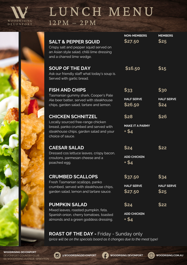 Menu, Woodrising Devonport