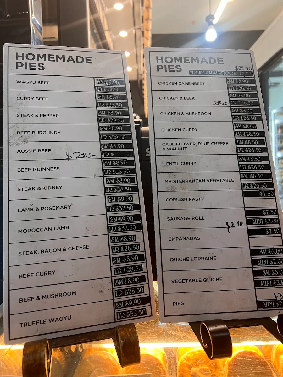 Menu, Pie Co and Bakery