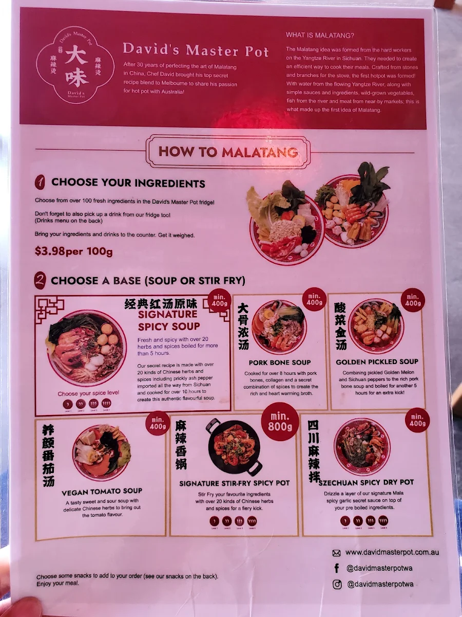 Menu, David's Master Pot Victoria Park