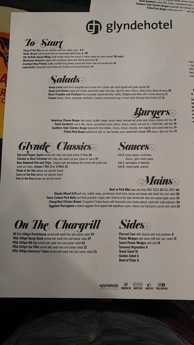 Menu, The Glynde Hotel