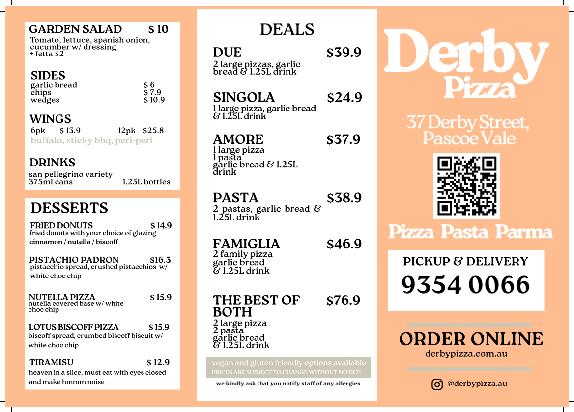 Menu, Derby Pizza