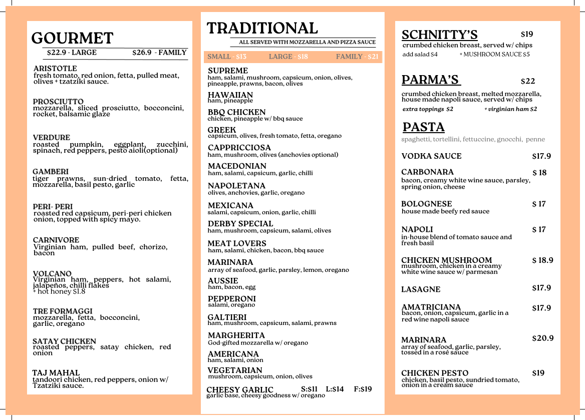 Menu, Derby Pizza